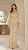 Front full view of Champagne beaded evening gown with sheer lantern sleeves