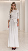 Front full view of woman wearing Heather Grey long sleeve draped maxi dress with ruched waist