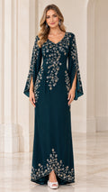 Full front view of model wearing Dark Teal embroidered V-neck split sleeve evening gown
