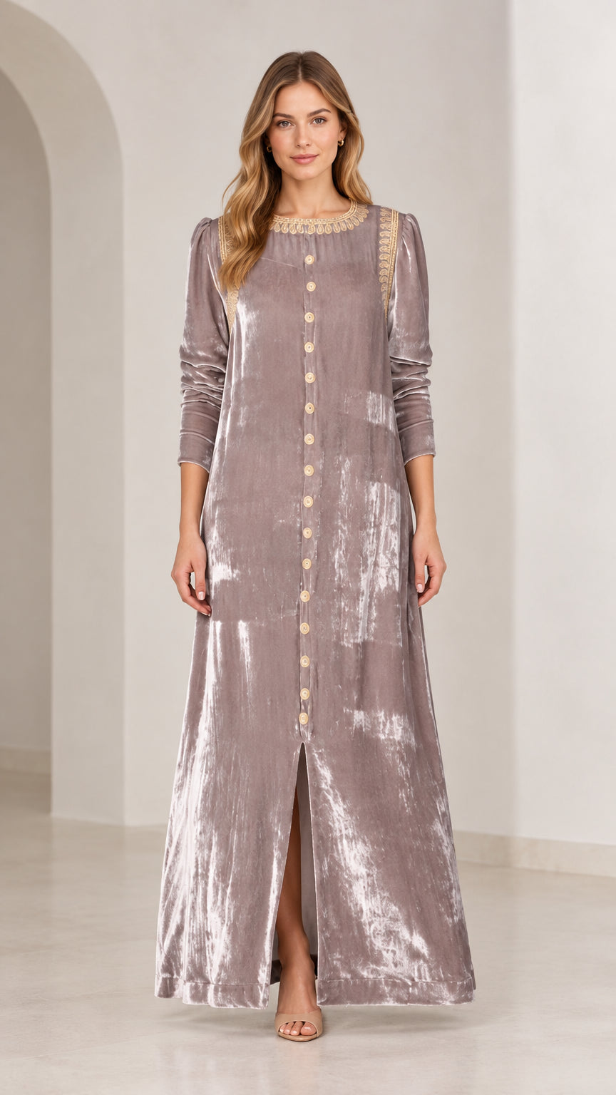 Front view of model wearing mauve crushed velvet maxi dress with embroidered gold neckline