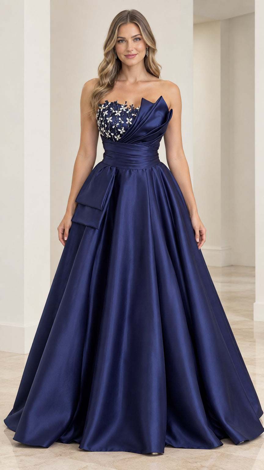 Front full-length view of woman wearing navy blue strapless beaded satin ball gown