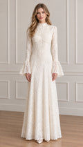 Front view of model wearing ivory high-neck floral lace maxi dress with long bell sleeves