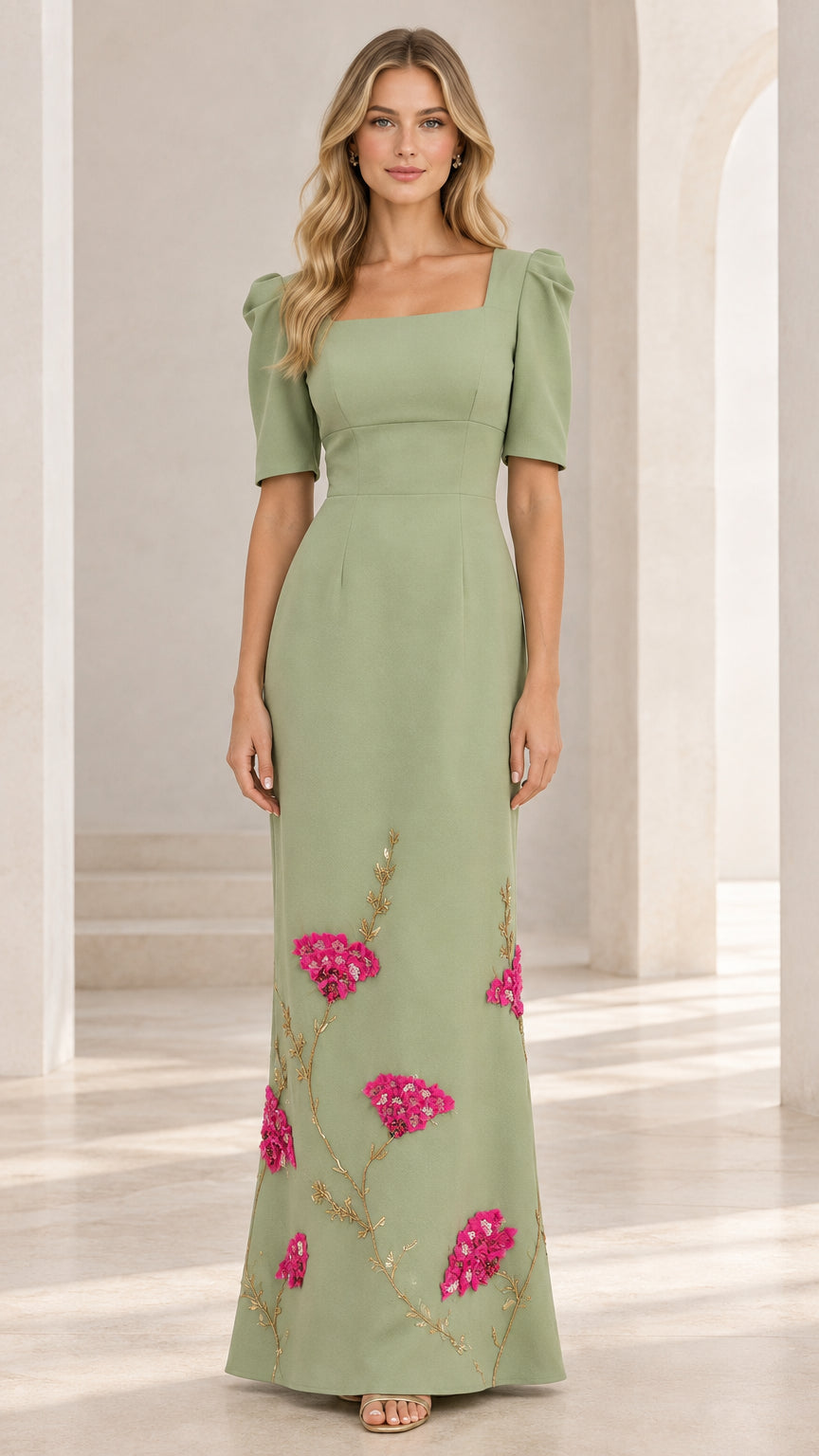 Front full view of woman wearing sage green square neck maxi dress with floral embroidery