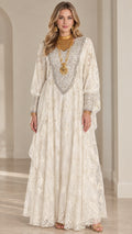 Full front view of model wearing ivory embroidered lace kaftan maxi dress