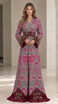 Full-length front view of magenta and grey embroidered velvet-trim ikat maxi kaftan gown