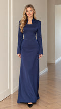 Front full-length view of model wearing Navy Blue long sleeve stand collar evening maxi dress