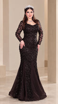 Front view of model wearing espresso brown sequined long sleeve mermaid evening gown