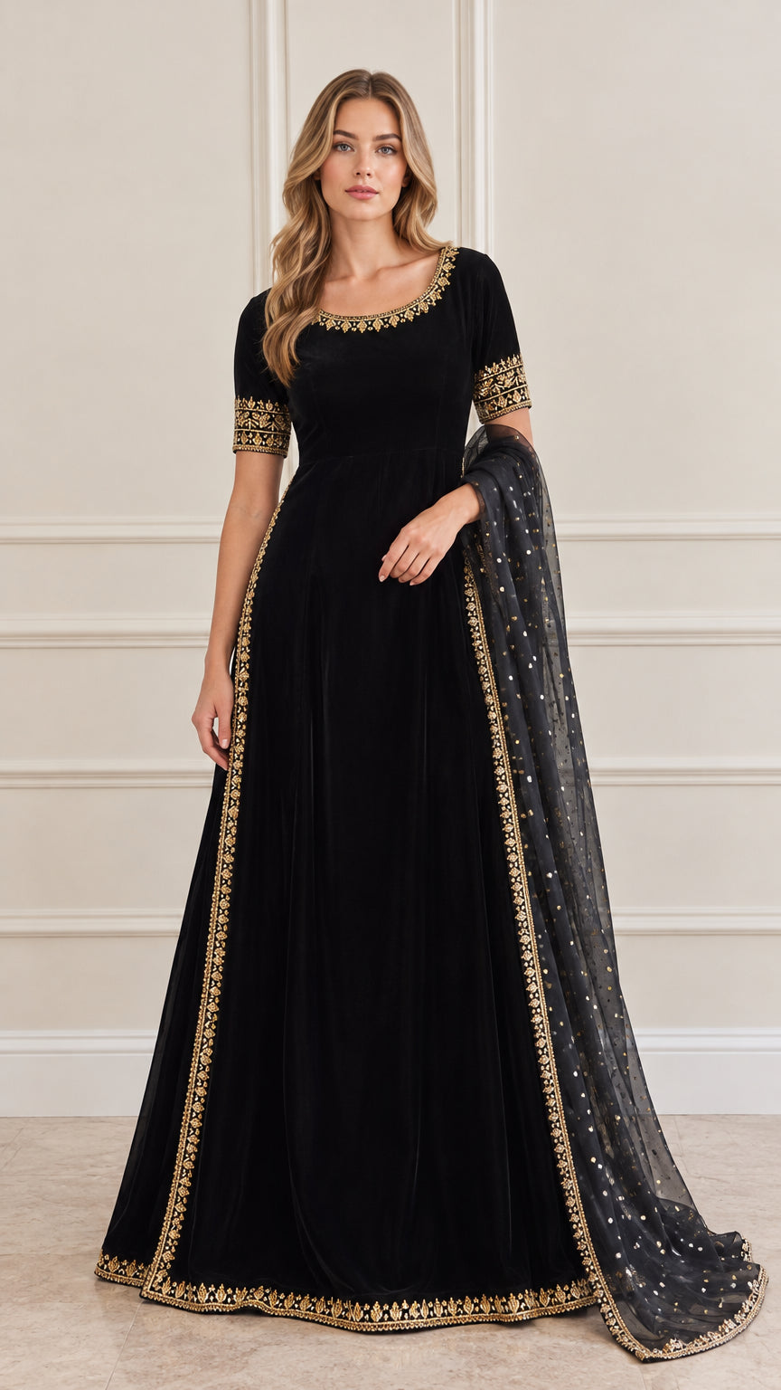 Black embroidered velvet maxi gown with matching sheer dupatta
