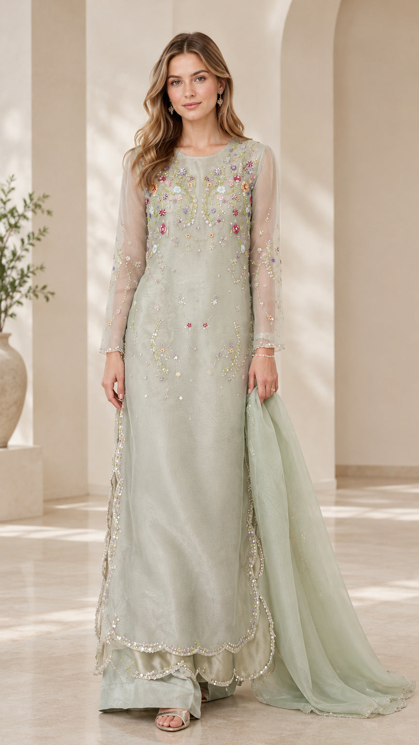 Full front view of sage green floral embroidered long tunic suit with dupatta