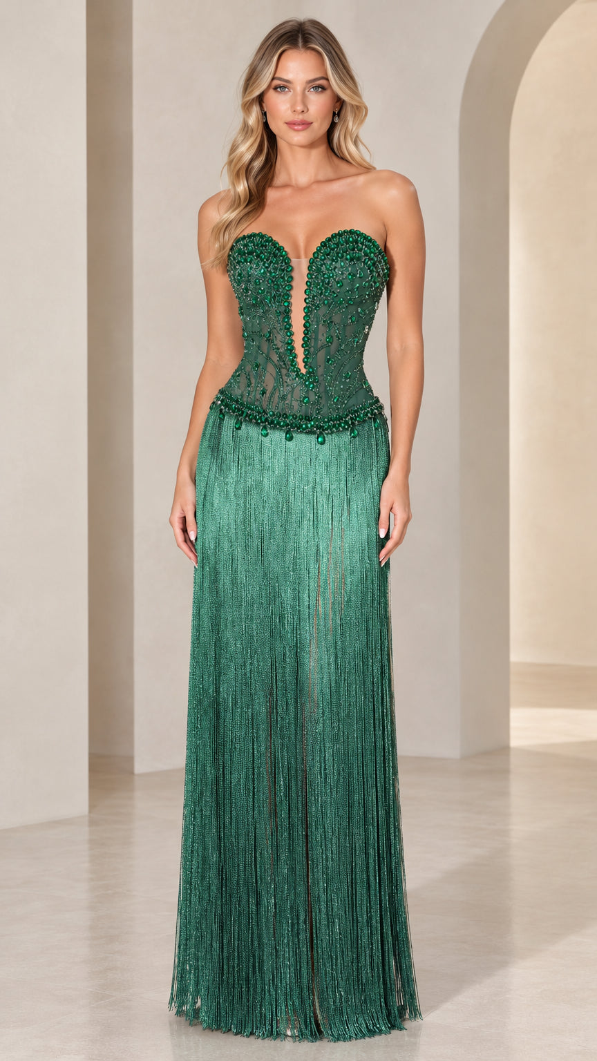 Front view of model wearing Emerald Green strapless beaded corset fringe evening gown