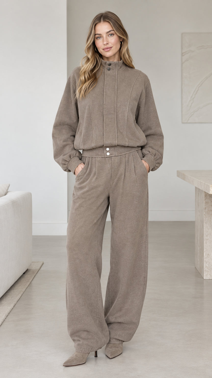 Women's taupe mock neck sweatshirt and wide-leg matching lounge set front view