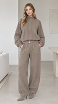 Women's taupe mock neck sweatshirt and wide-leg matching lounge set front view
