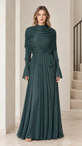 Front view of model wearing Emerald Green high neck pleated bodice maxi dress