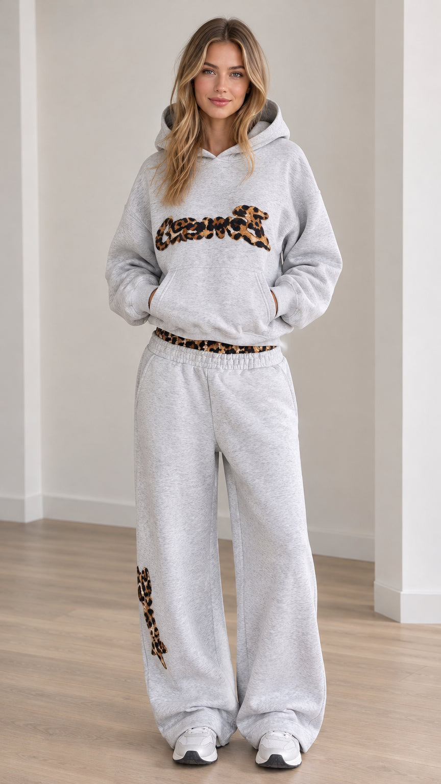 Full front view of women's Heather Grey hoodie and wide-leg sweatpants set with leopard print patch