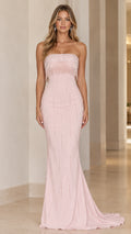 Blush pink strapless mermaid evening gown with beaded fringe bodice front view