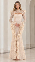 Front view of model wearing Champagne high neck tiered ruffle lace evening gown