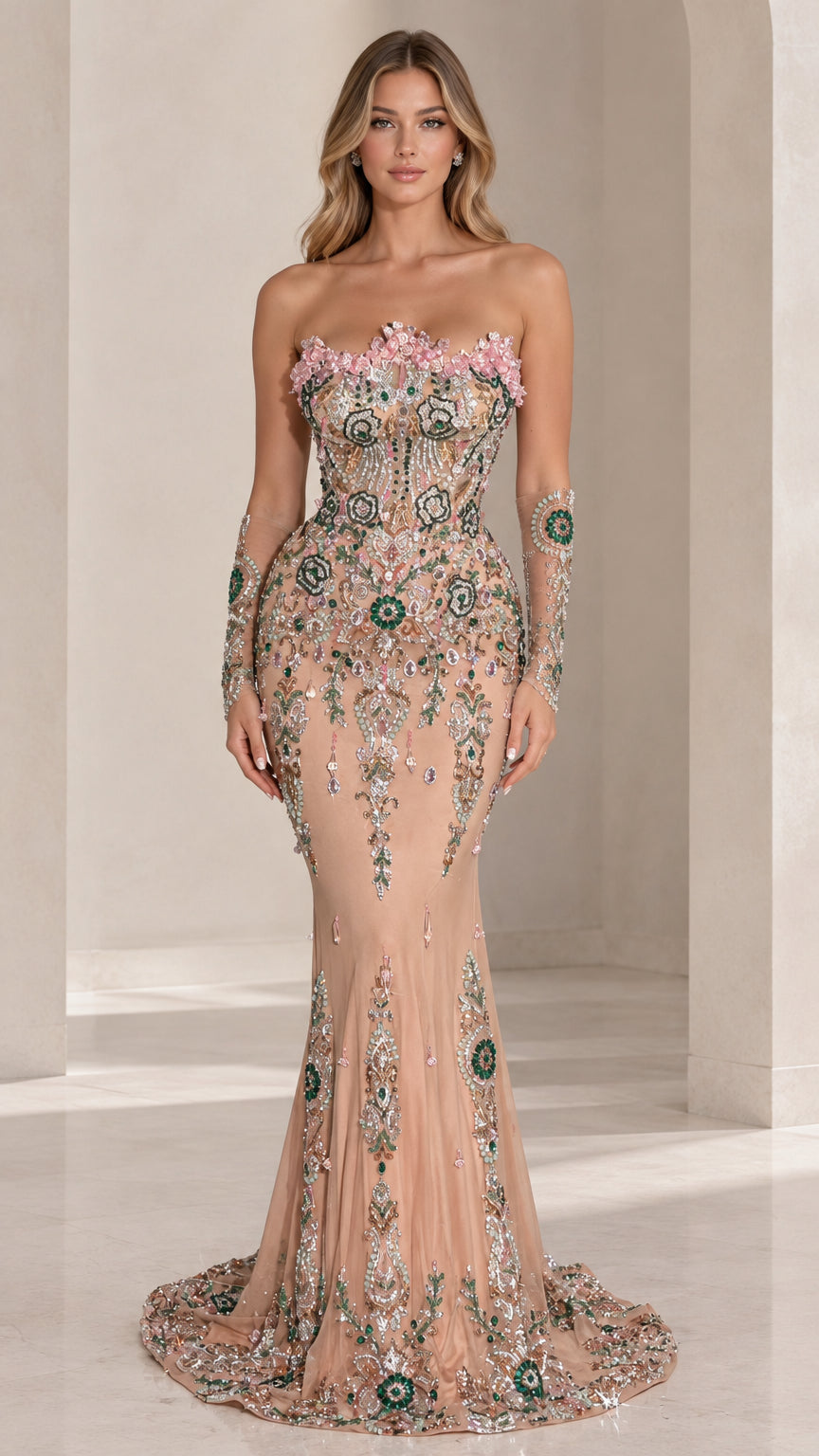 Full front view of strapless nude embellished mermaid evening gown with sheer sleeves