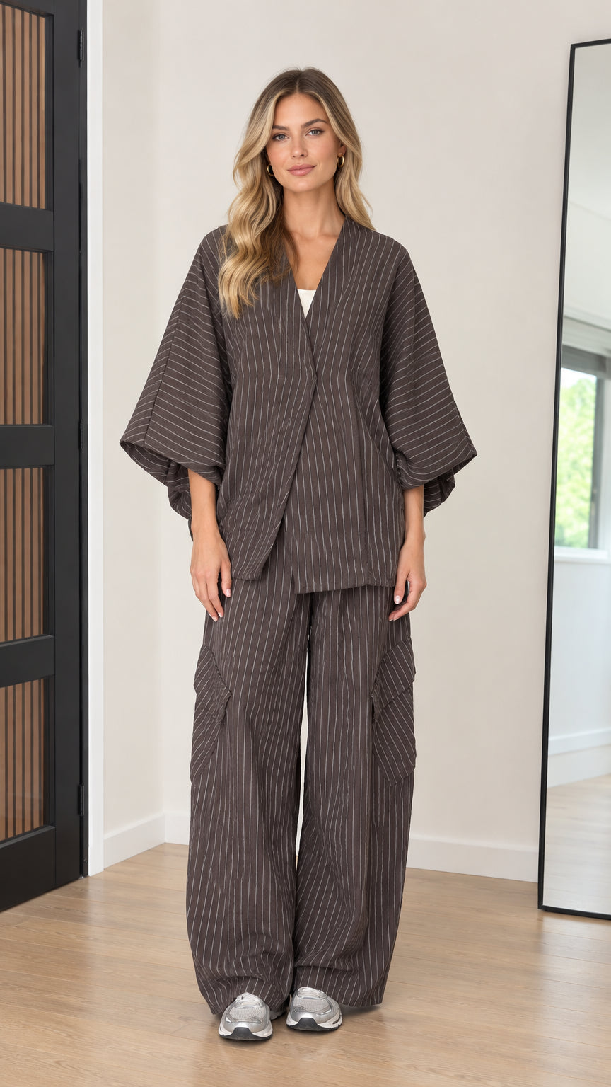 Women's mocha brown pinstripe kimono sleeve top and wide-leg cargo pants set front view