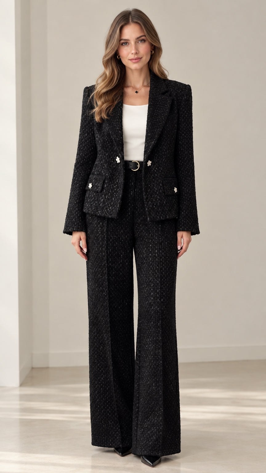 Front full view of woman wearing tailored black tweed blazer and wide leg pants suit set