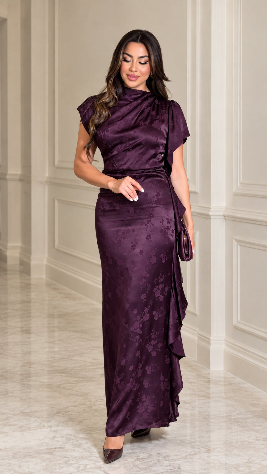 Front view of woman wearing Plum satin jacquard high neck maxi dress with side ruffle