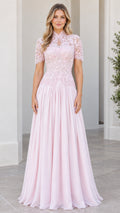 Front view of model wearing Blush Pink high neck lace bodice chiffon maxi evening gown