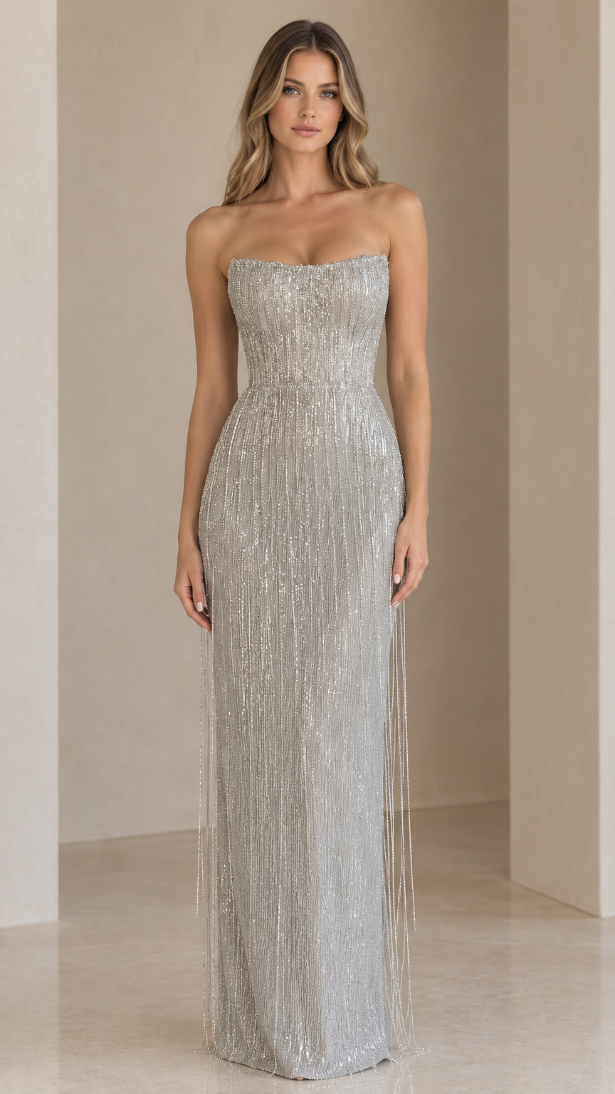 Front view of model wearing a strapless silver beaded fringe evening gown