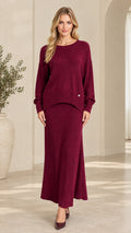 Full front view of women's shimmer ribbed knit sweater and maxi skirt set in burgundy