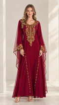 Burgundy embroidered cape sleeve chiffon maxi kaftan dress front view