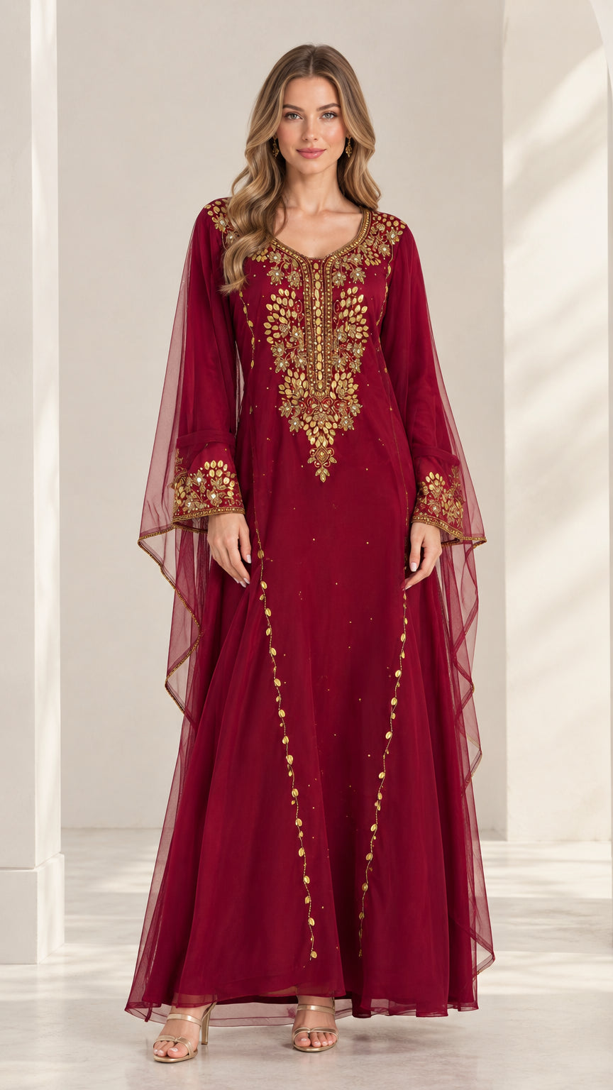 Burgundy embroidered cape sleeve chiffon maxi kaftan dress front view