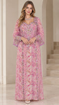 Front view of woman wearing pink floral embroidered kaftan maxi dress