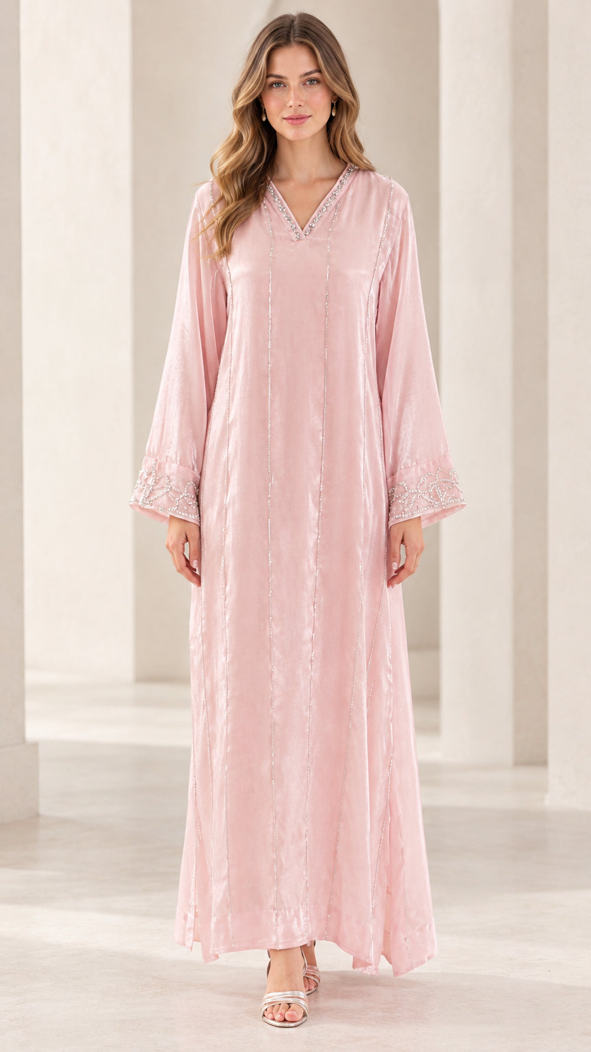Front view of model wearing Blush Pink embellished velvet kaftan maxi dress