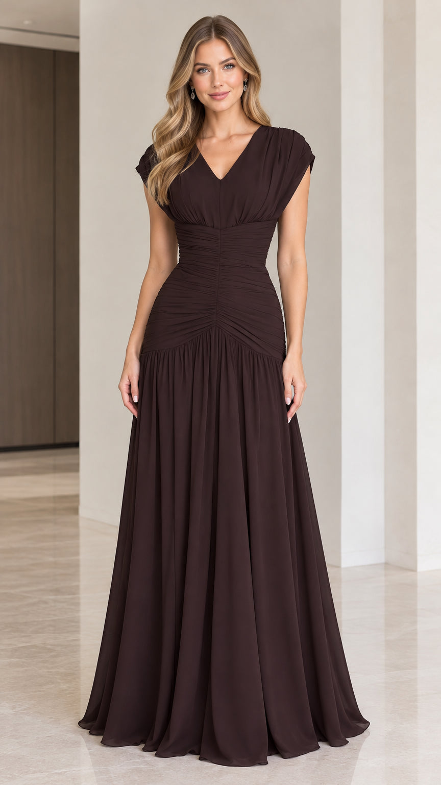 Front full-length view of model wearing Chocolate Brown ruched V-neck maxi dress
