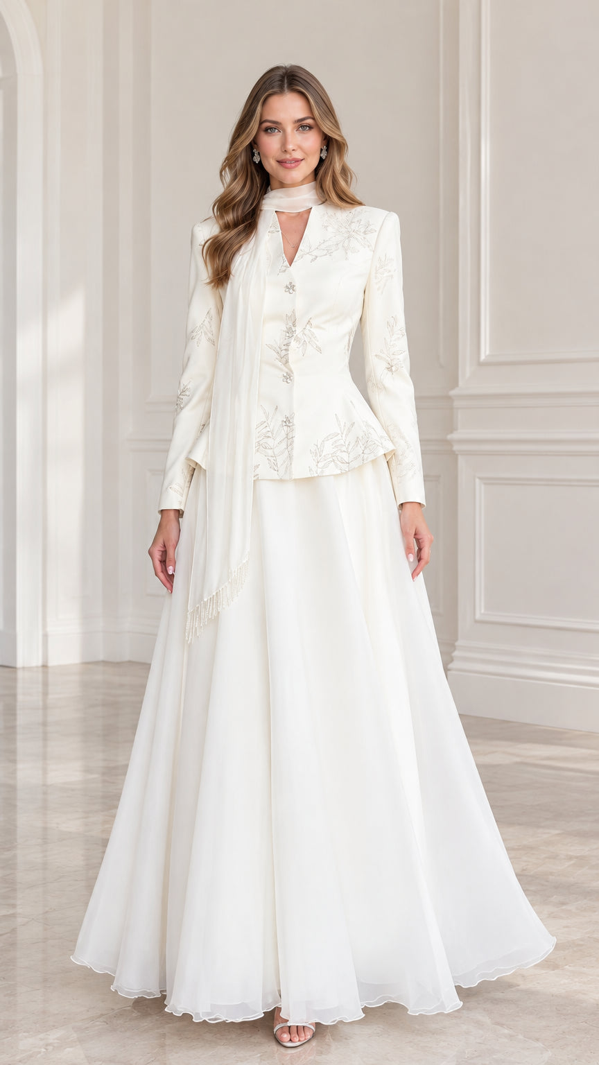 Front full-length view of Ivory embroidered peplum evening gown set with draped scarf