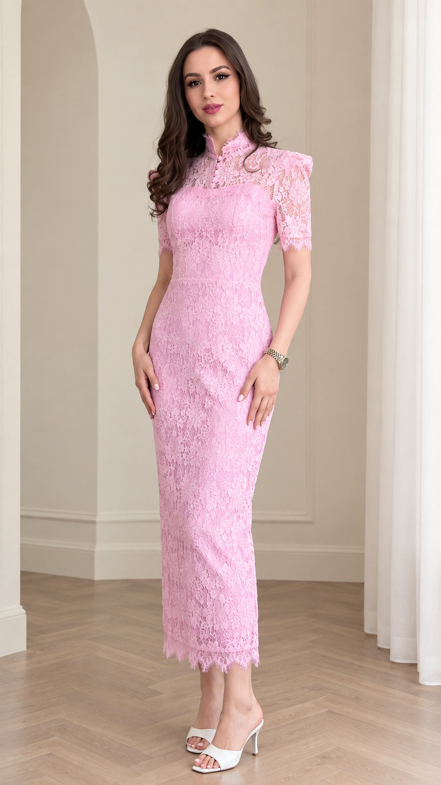 Full front view of model wearing pink mock neck lace column maxi dress with heels