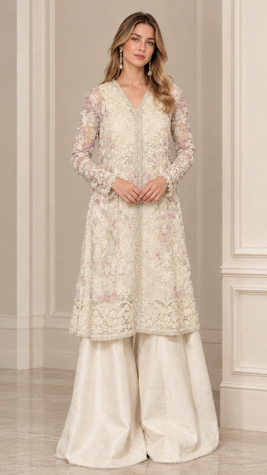 Front view of woman wearing cream embroidered floral lace kurti with wide flared trousers