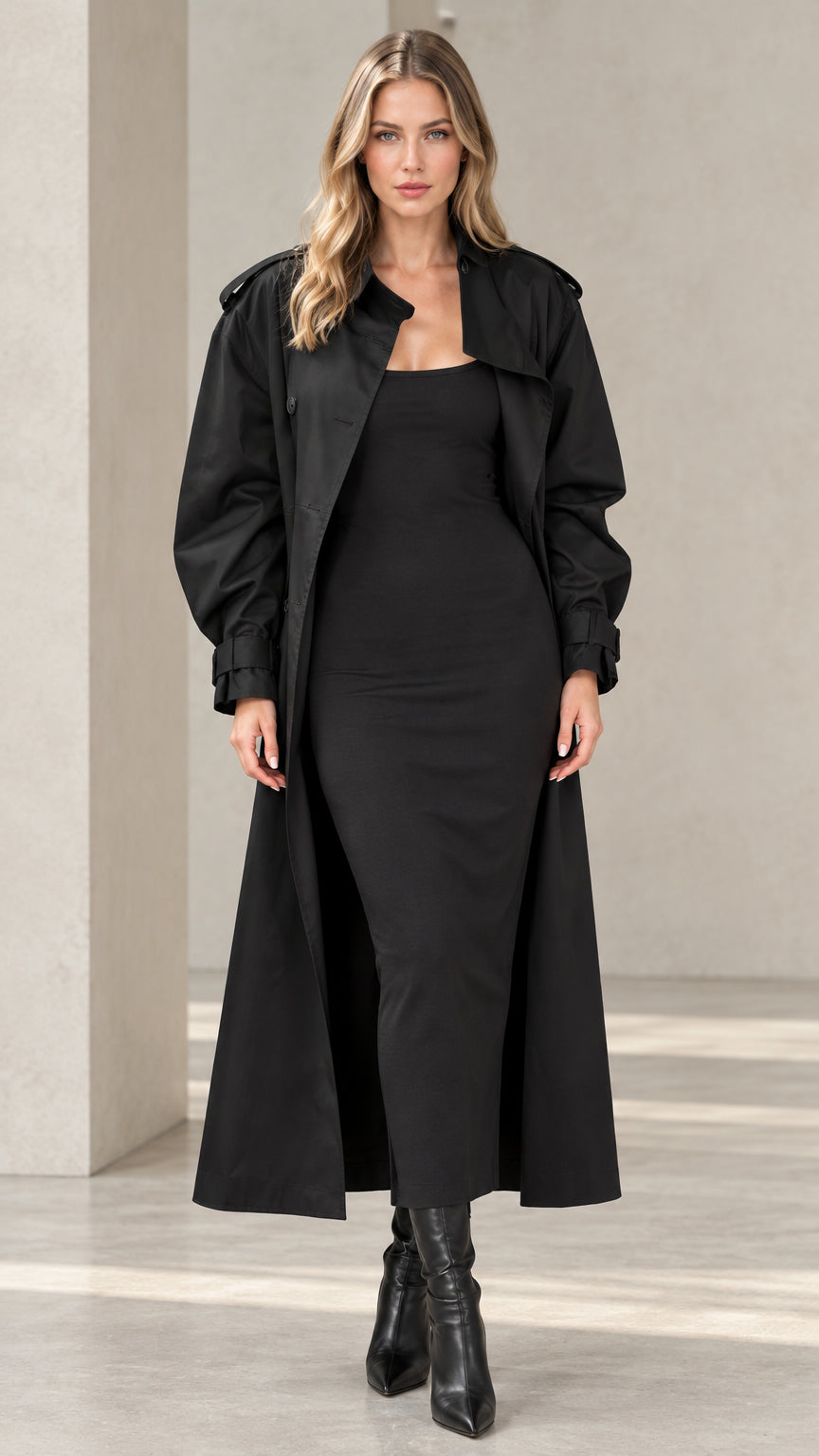 Full front view of women's long black maxi trench coat worn over black bodycon dress