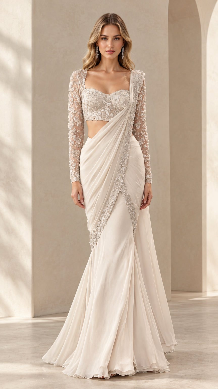 Ivory embellished draped saree evening gown with long lace sleeves - front view