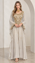 Front full-length view of woman wearing silver grey embroidered kaftan maxi dress