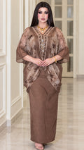 Front view of model wearing mocha brown 2-piece embellished chiffon kaftan maxi dress set