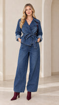 Front view of model wearing Classic Blue belted denim jacket and wide-leg pants set