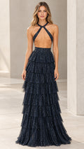 Navy Blue glitter crisscross halter tiered tulle evening maxi dress front view