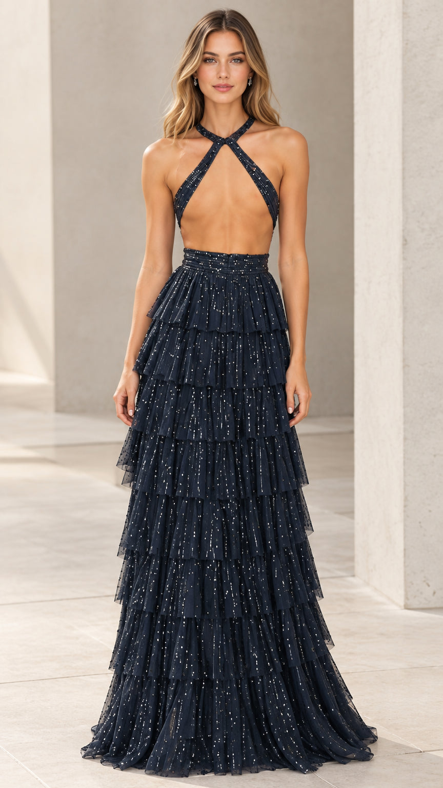Navy Blue glitter crisscross halter tiered tulle evening maxi dress front view
