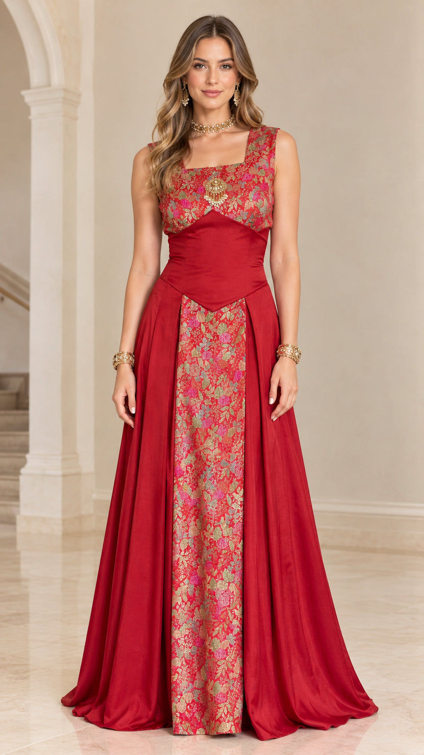 Front view of model wearing red square neck floral jacquard maxi dress