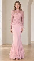 Front full-length view of woman wearing blush pink high neck beaded peplum mermaid evening gown