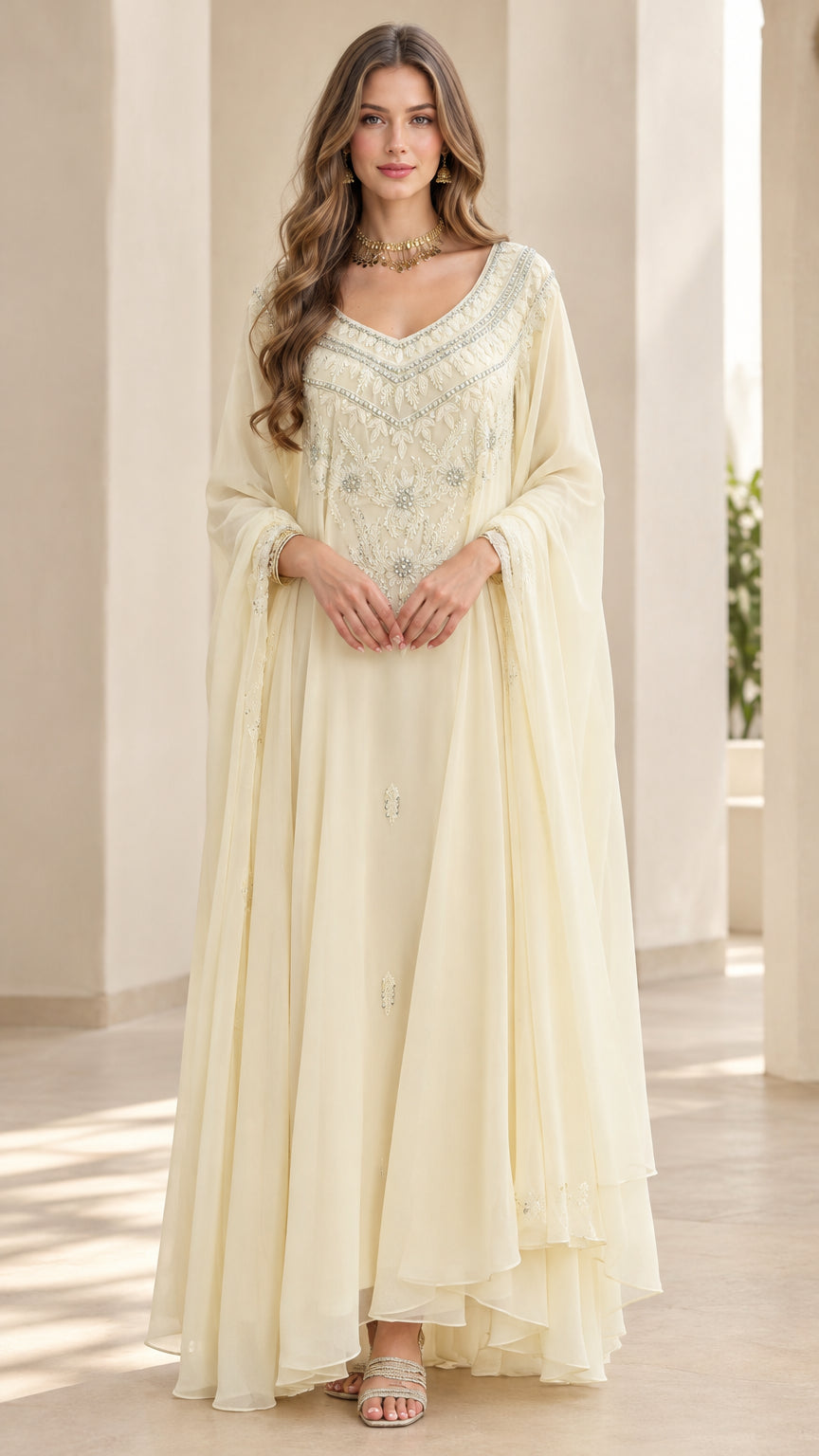 Front full view of woman wearing ivory embroidered chiffon maxi dress with cape sleeves