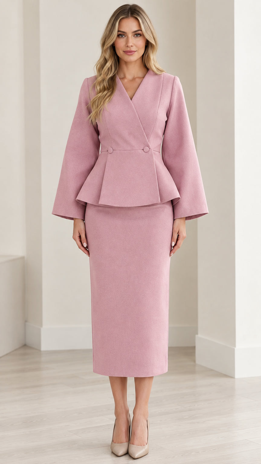 Front view of model wearing dusty pink peplum wrap top and midi pencil skirt set