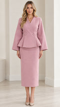 Front view of model wearing dusty pink peplum wrap top and midi pencil skirt set