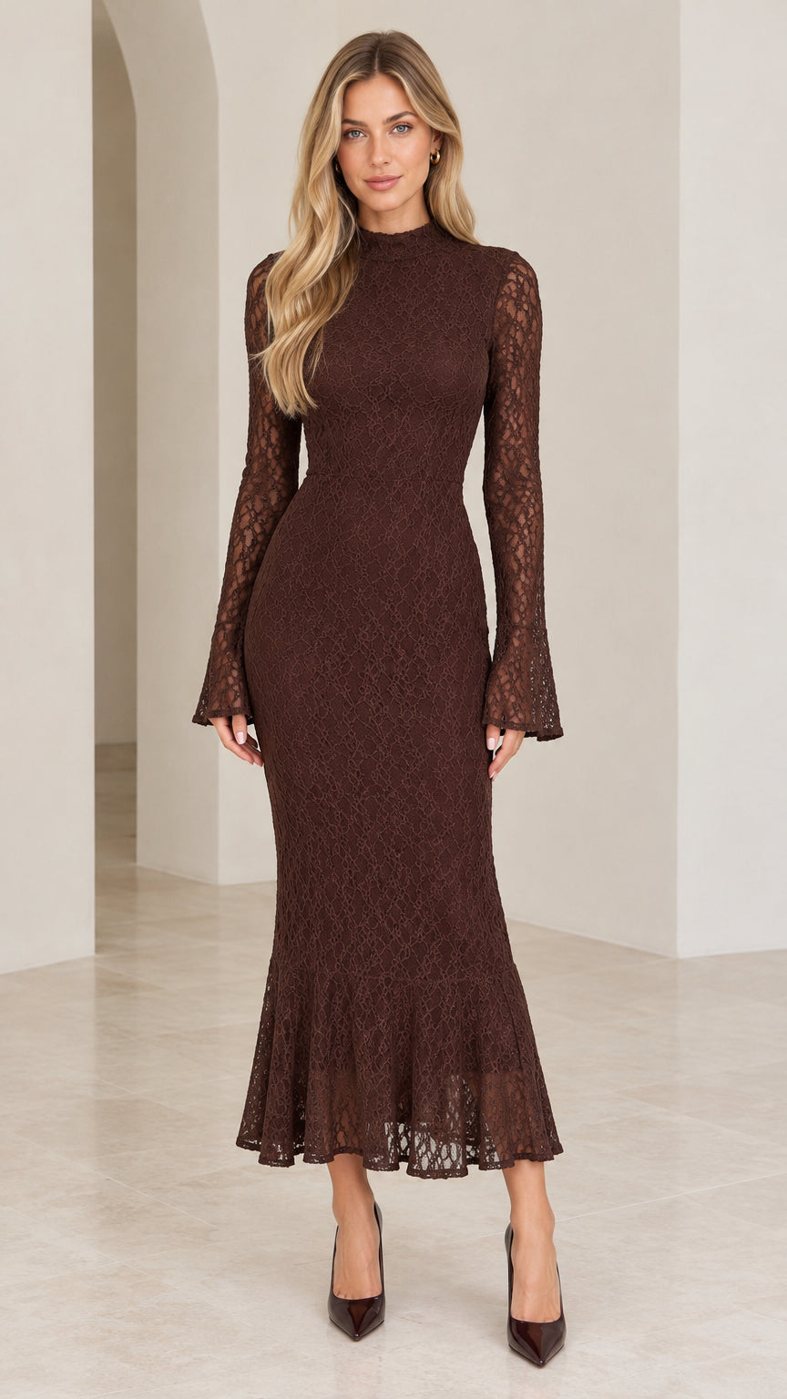 Front full-length view of woman wearing chocolate brown lace mock neck mermaid dress
