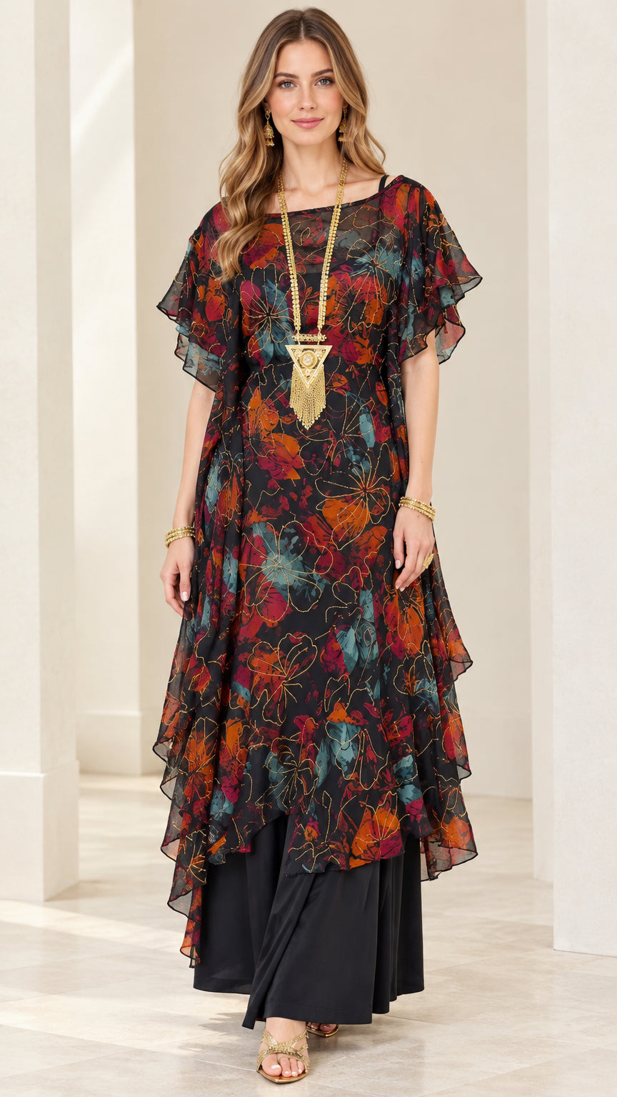 Front full view of woman wearing Black Multi floral layered chiffon maxi dress with flutter sleeves