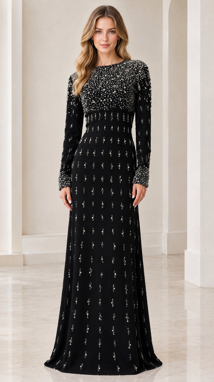 Front view of woman wearing Black long-sleeve beaded maxi evening gown